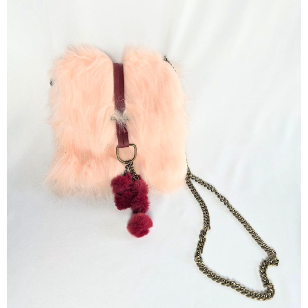 JOY FOLIE Pink Faux Fur Faux Leather Crossbody Pouch Bag with Burgundy Pom Poms